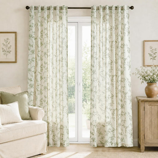 Lazzzy Green Floral Linen Curtains Farmhouse Rod Pocket 50W X 84L 2 Panels