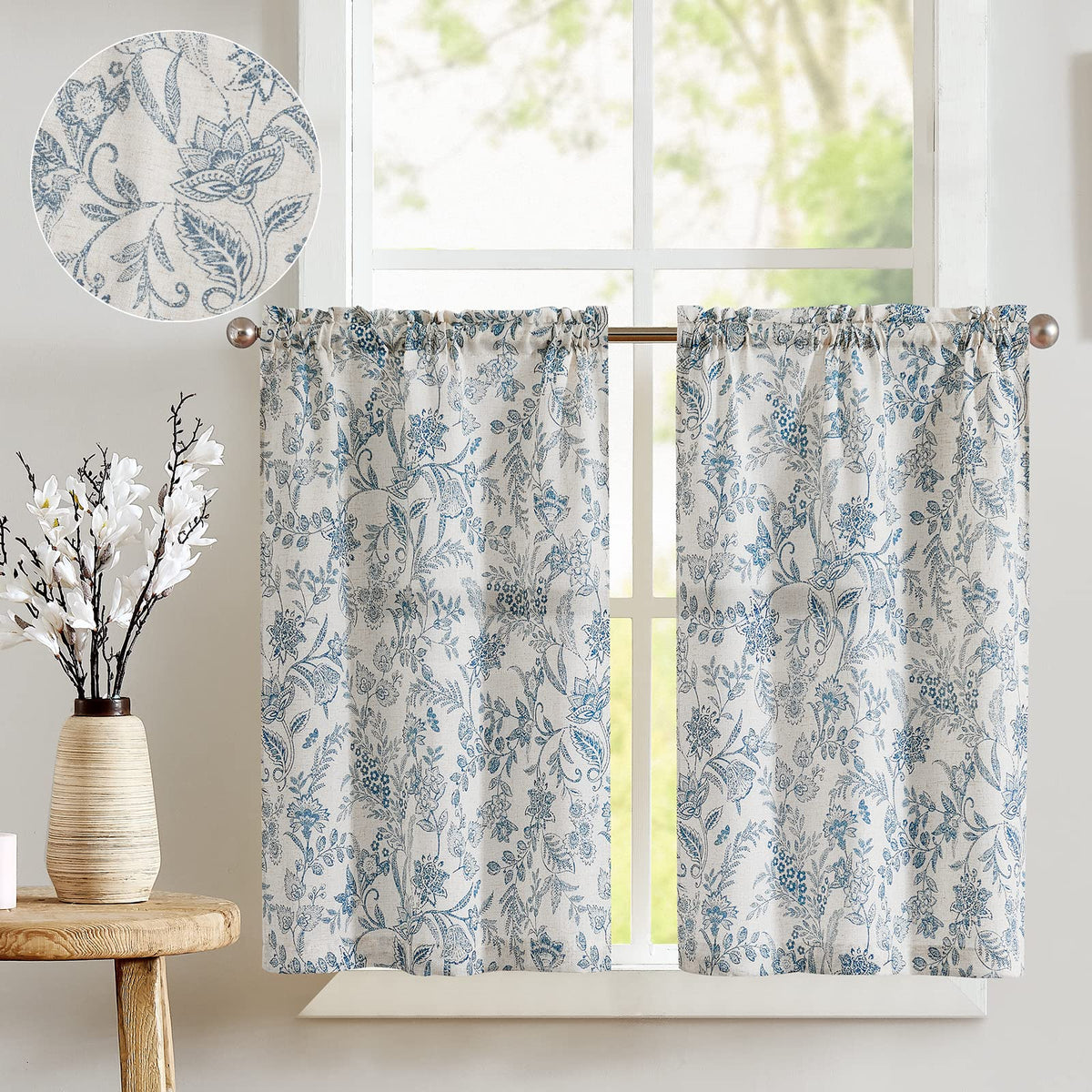 jinchan Floral Kitchen Tier Curtains 24 Inch 2 Panels Sage Green on Beige