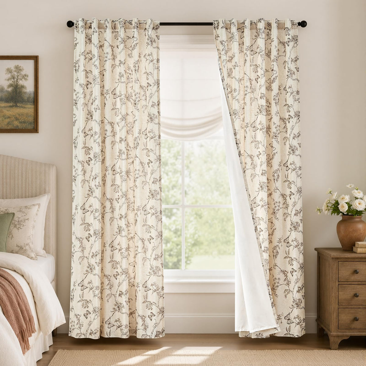 Lazzzy Green Floral Linen Curtains Farmhouse Rod Pocket 50W X 84L 2 Panels