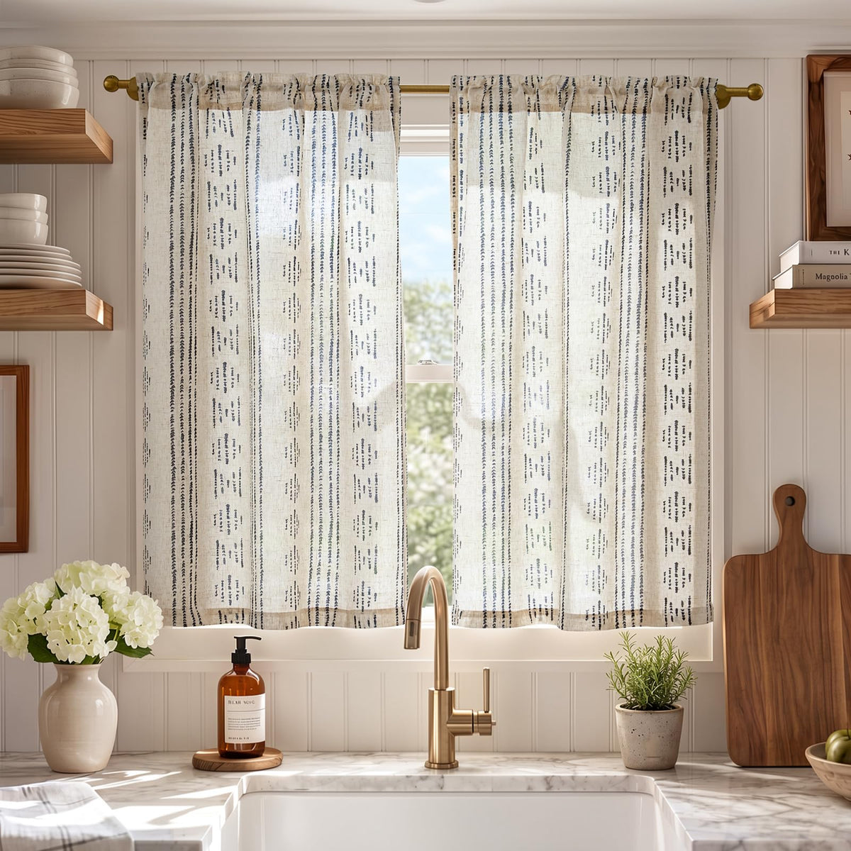 jinchan Linen Striped Tier Curtains for Kitchen Windows Farmhouse
