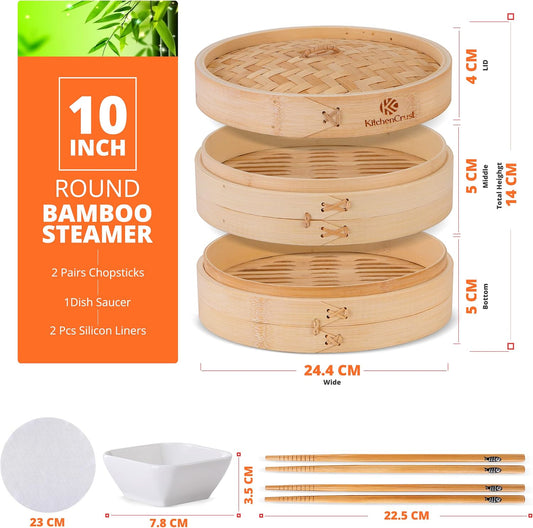 KitchenCrust Bamboo Steamer Basket 10 Inch, 2 Tier Dumpling Steamer Set