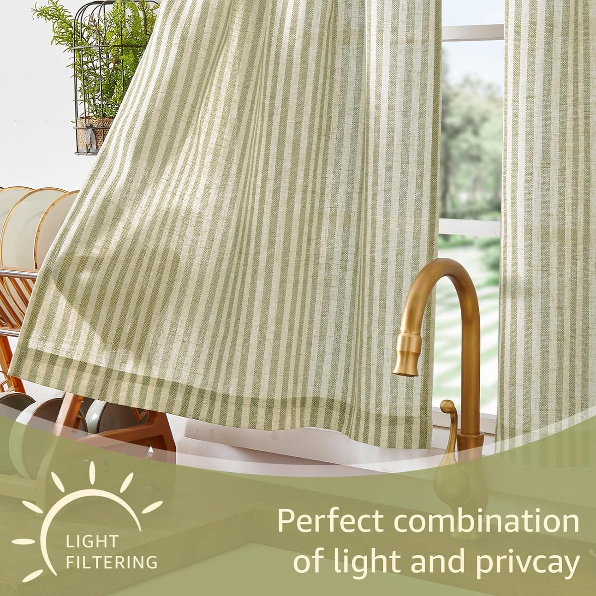 jinchan Sage Green Linen Kitchen Curtains and Valance Set Rod Pocket