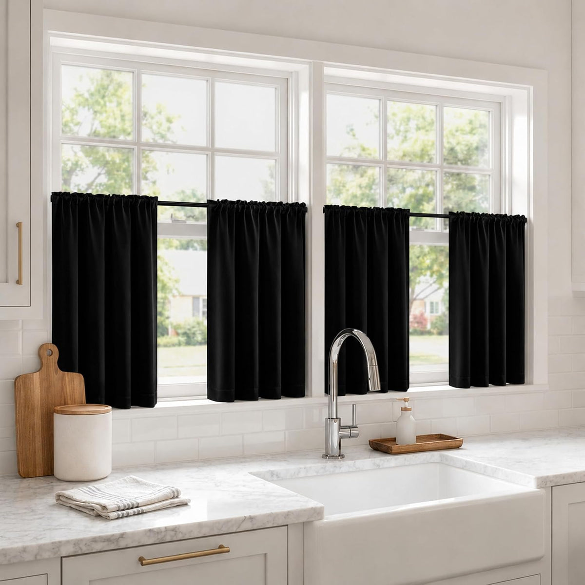 MIULEE Short 36 Inch Blackout Kitchen Window Curtain Black Set of 4 Panels