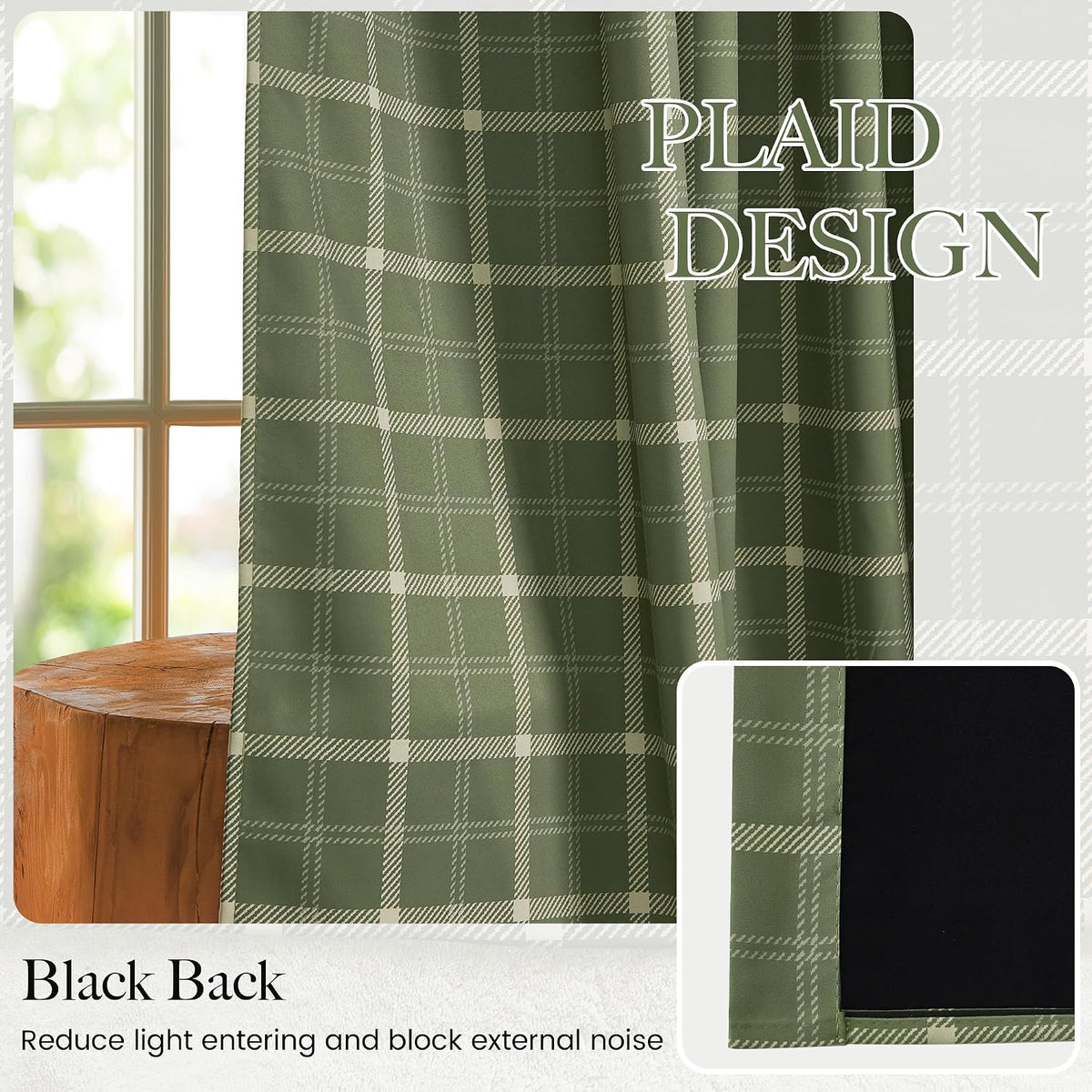 NICETOWN Olive Green Farmhouse Gingham Tiers Kitchen 100% Blackout Curtains