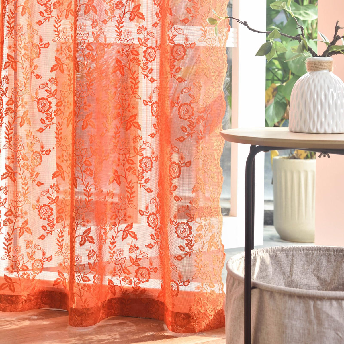 FINECITY Short Beige Lace Curtains Rustic Leaf Floral W42xL36 Inch 2 Panels