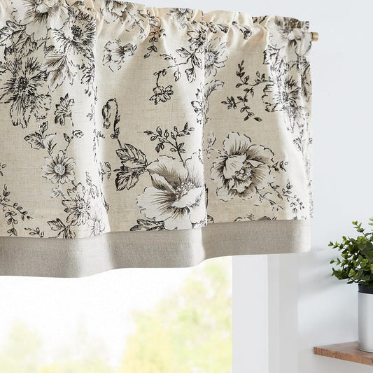 jinchan Floral Linen Kitchen Valance Curtain, 50x16, 1 Panel, Black