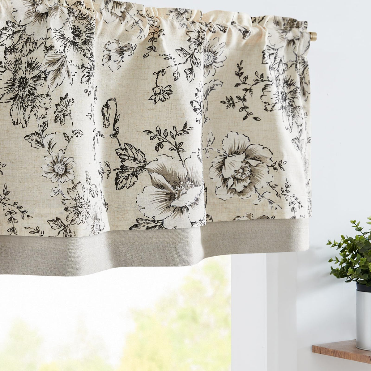 jinchan Floral Linen Kitchen Valance Curtain, 50x16, 1 Panel, Black