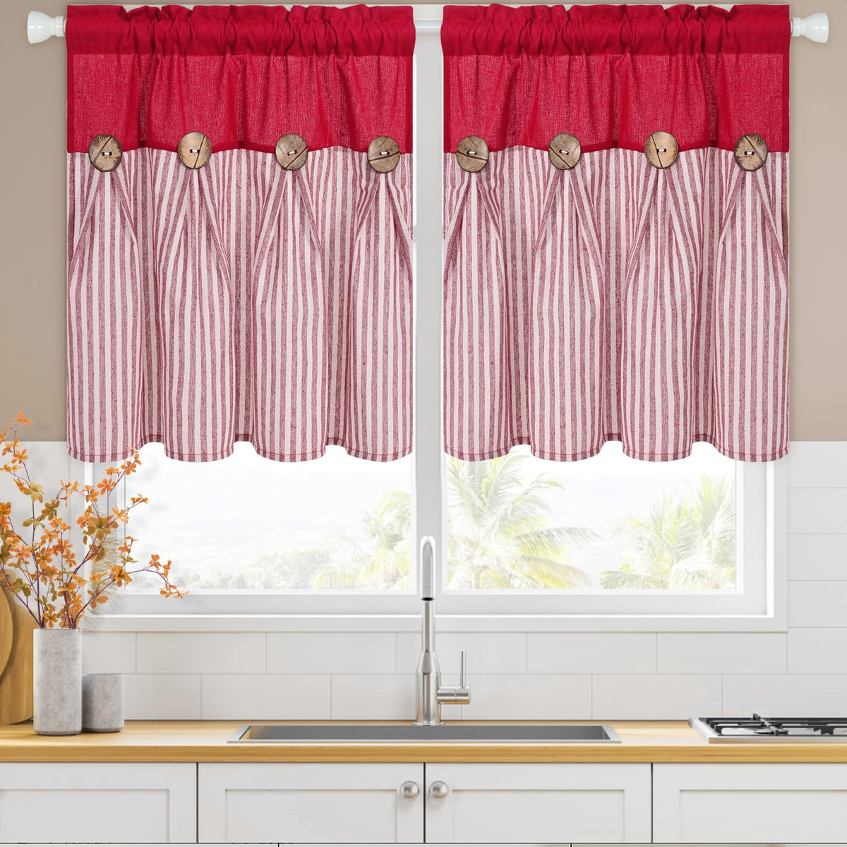 ASPMIZ Cotton Linen Kitchen Valance Curtains, Boho Rustic Button Linen Valances for Windows Farmhouse, Black with Grey Stripe Valance Window Topper Treatment Window Valances for Bathroom, 52 x 18 Inch