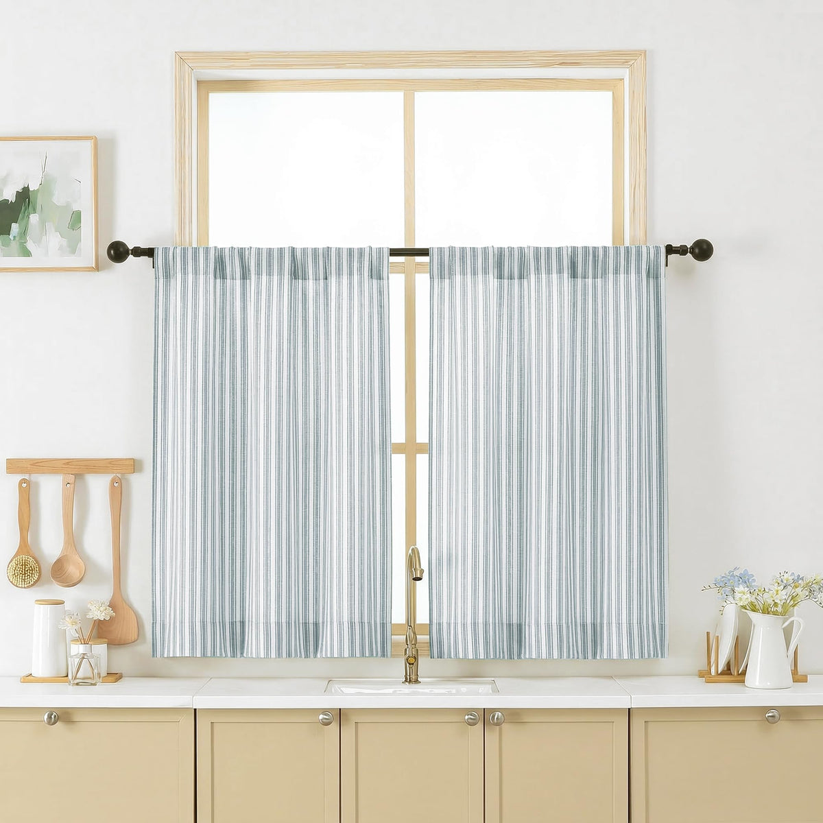 Chyhomenyc Striped Short Curtains 36 Inch Length - Light Filtering Faux Linen Living Room Tier Half Window Curtains, Farmhouse Modern Boho Curtain for Bathroom, 30Wx36L, 2 Pieces, Stone Blue
