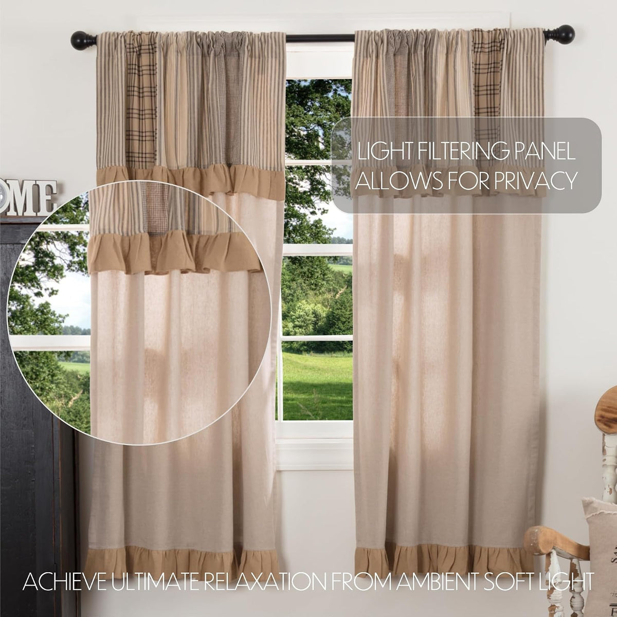 VHC Brands Sawyer Mill Curtain, Panel 63x36, Charcoal Khaki Tan