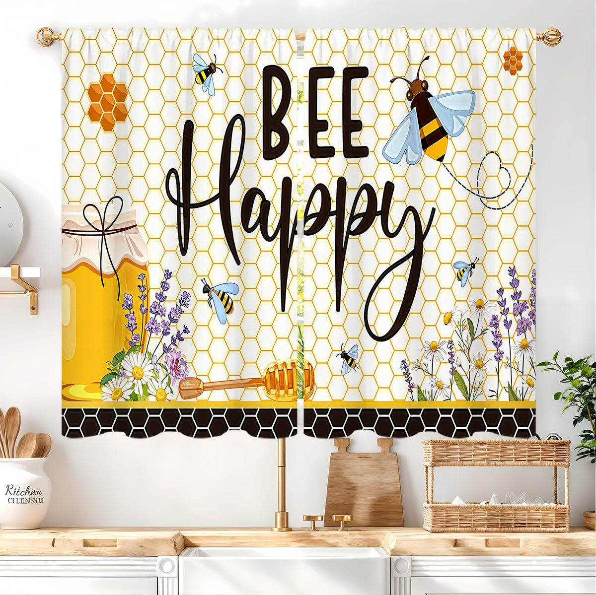 Yellow Sunflower Kitchen Curtains 42W X 63L Inch 2 Panels Rod Pocket Country Rustic Floral Flower Butterfly Farmhouse Over Sink Small Short Cafe Tier Window Treatment Bathroom Decor