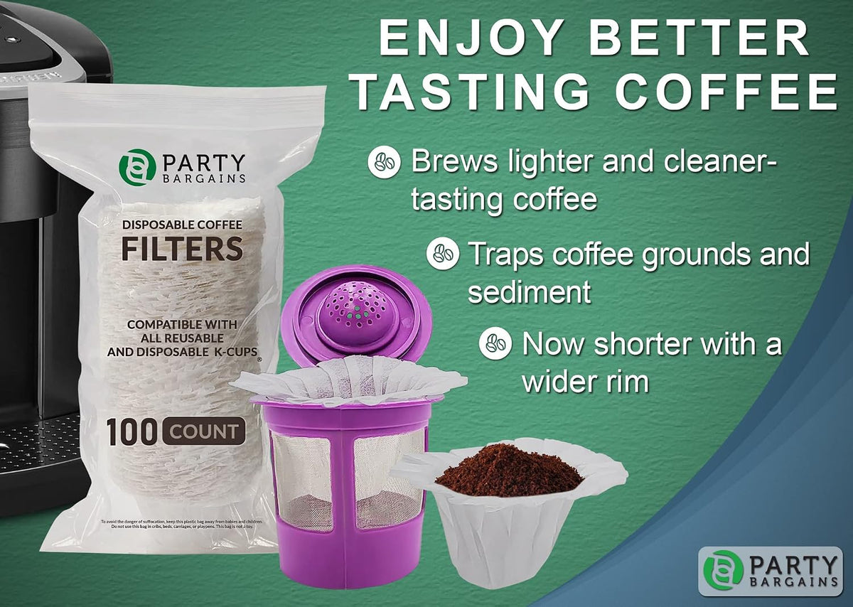 Party Bargains 300 Disposable Paper Coffee Filters – White Compact Design for Keurig Brewers and Compatible with K-Cup Pods 1.0 & 2.0 Models, single use coffee filters