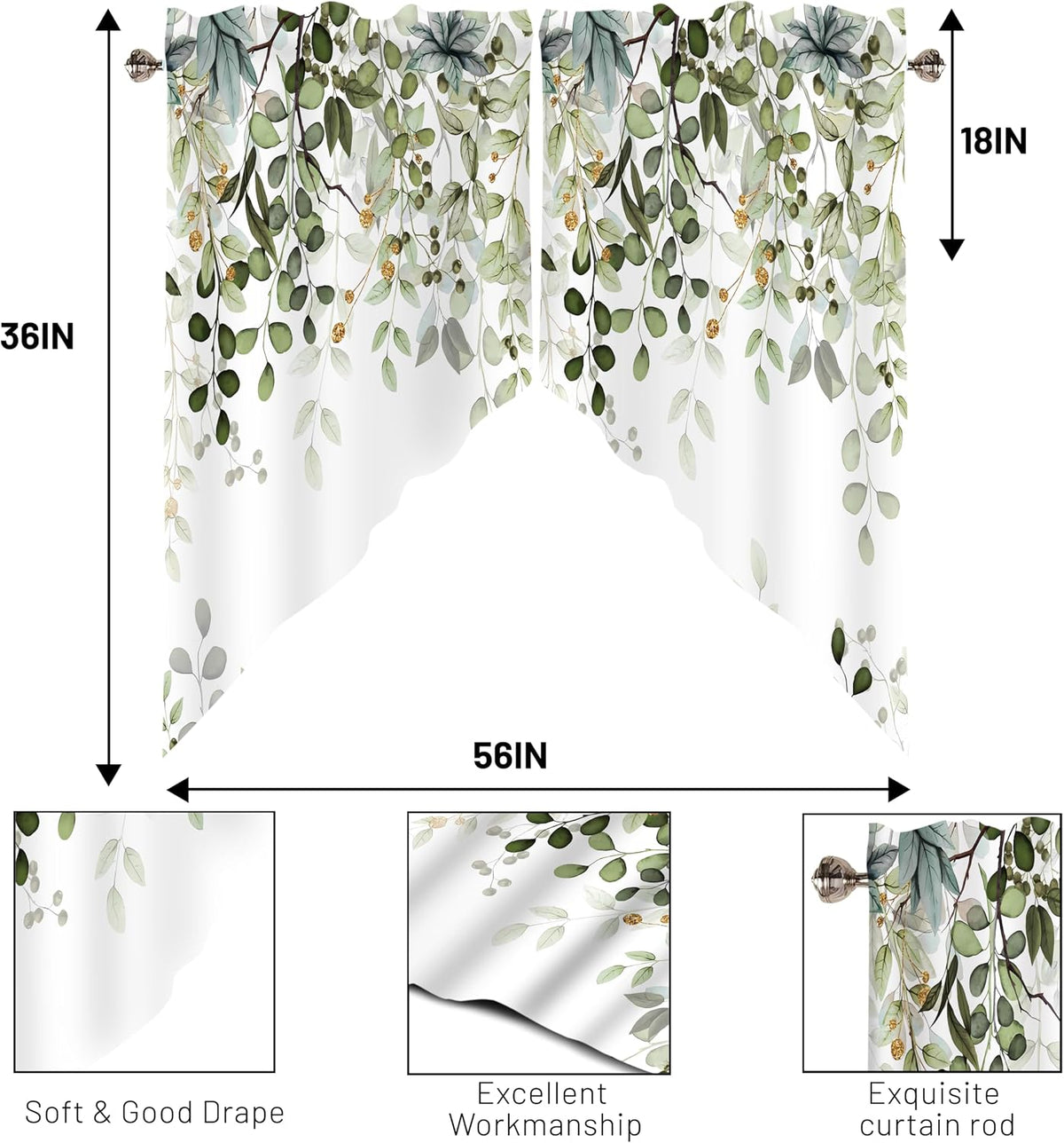 Sage Green Eucalyptus Leaves Swag Curtains 1 Pair, 28x36 in