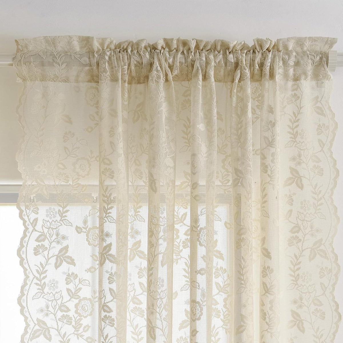 FINECITY Short Beige Lace Curtains Rustic Leaf Floral W42xL36 Inch 2 Panels