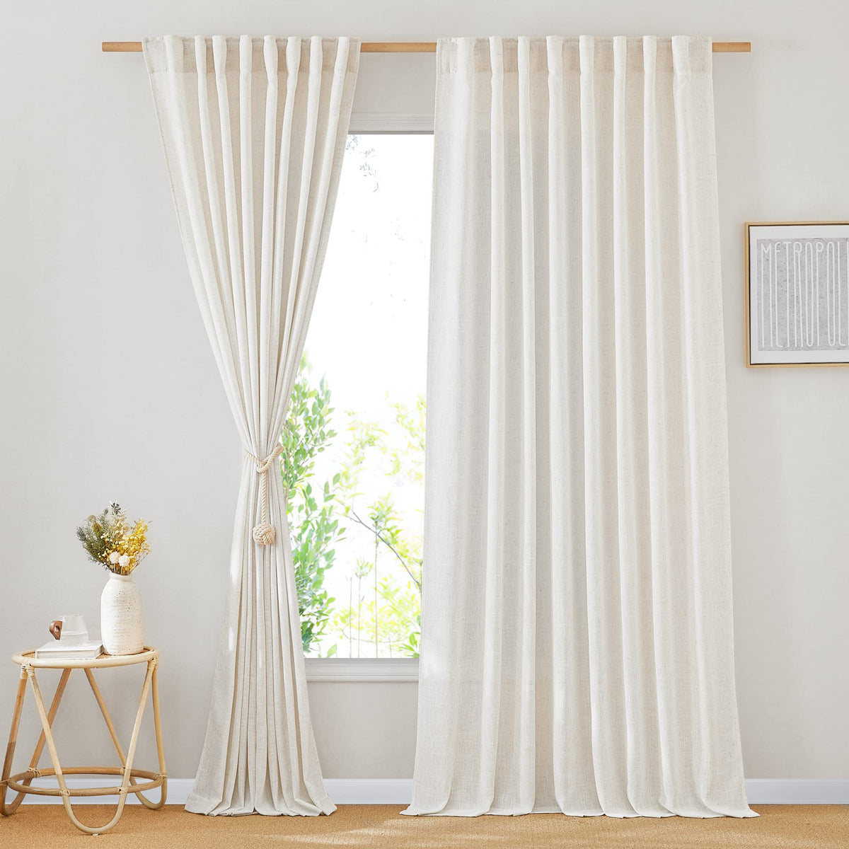 NICETOWN Natural Linen Kitchen Curtains 26 inches Long, Rod Pocket & Back Tab Semi Sheer Flax Window Treatments Rustic & Cute for Cafe/Kids Room, W37 x L26, 2 Panels
