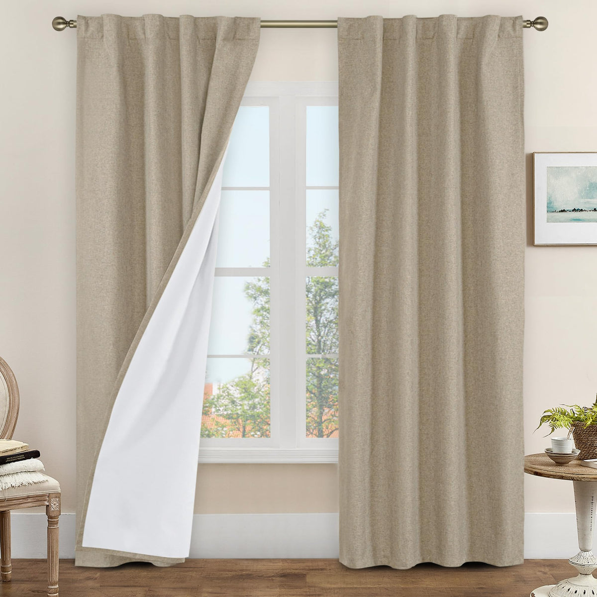 LAMIT Full Blackout Linen Kitchen Window Curtains 36 Inches Long, Ivory