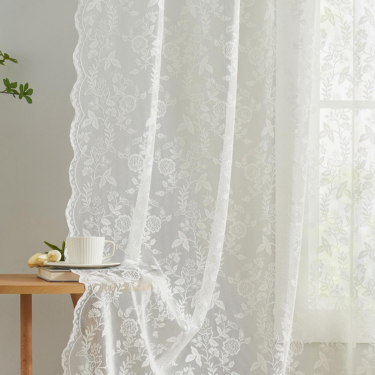 FINECITY Short Beige Lace Curtains Rustic Leaf Floral W42xL36 Inch 2 Panels