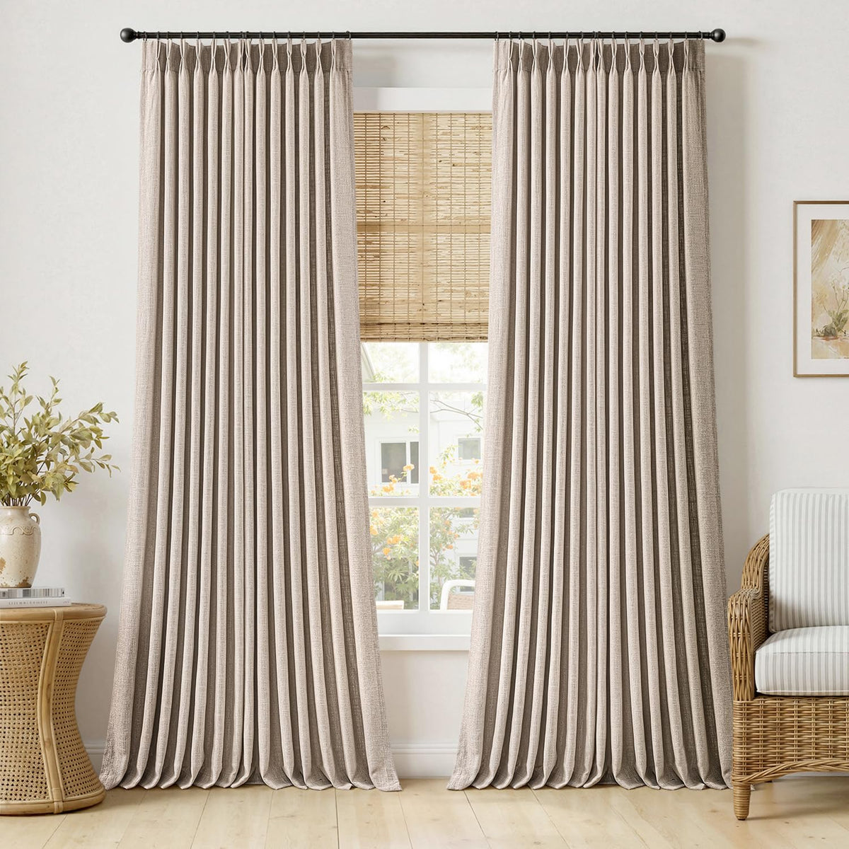 MIULEE Pinch Pleated Thick Linen Curtains 36 Inches Long 2 Panels Natural