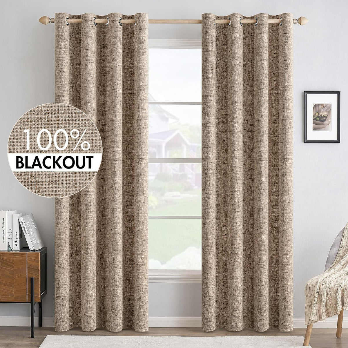 MIULEE 100% Blackout Linen Curtains for Bedroom 52x54 Inches Natural Beige