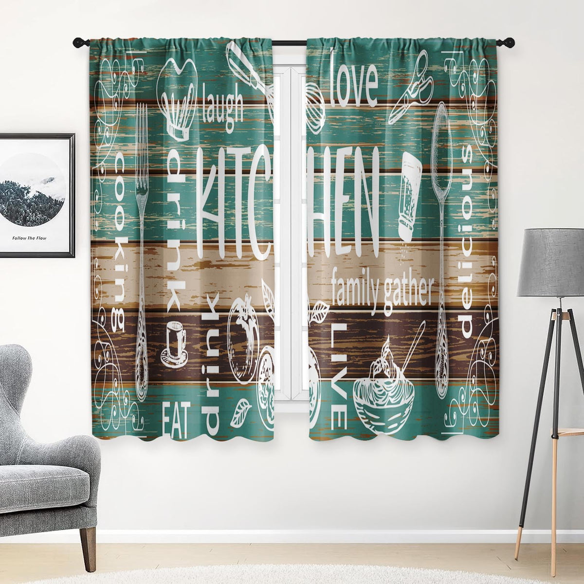 Arttown Kitchen Curtains 63 Inch Length, 2 Pack, Abstract Doodle Modern