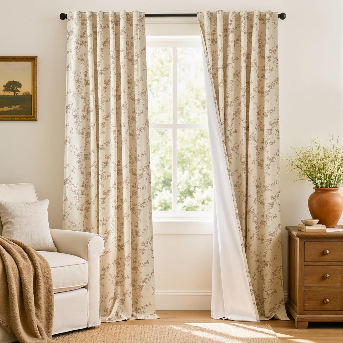 Lazzzy Green Vintage Floral Linen Curtains Farmhouse 26W X 36L 2 Panels
