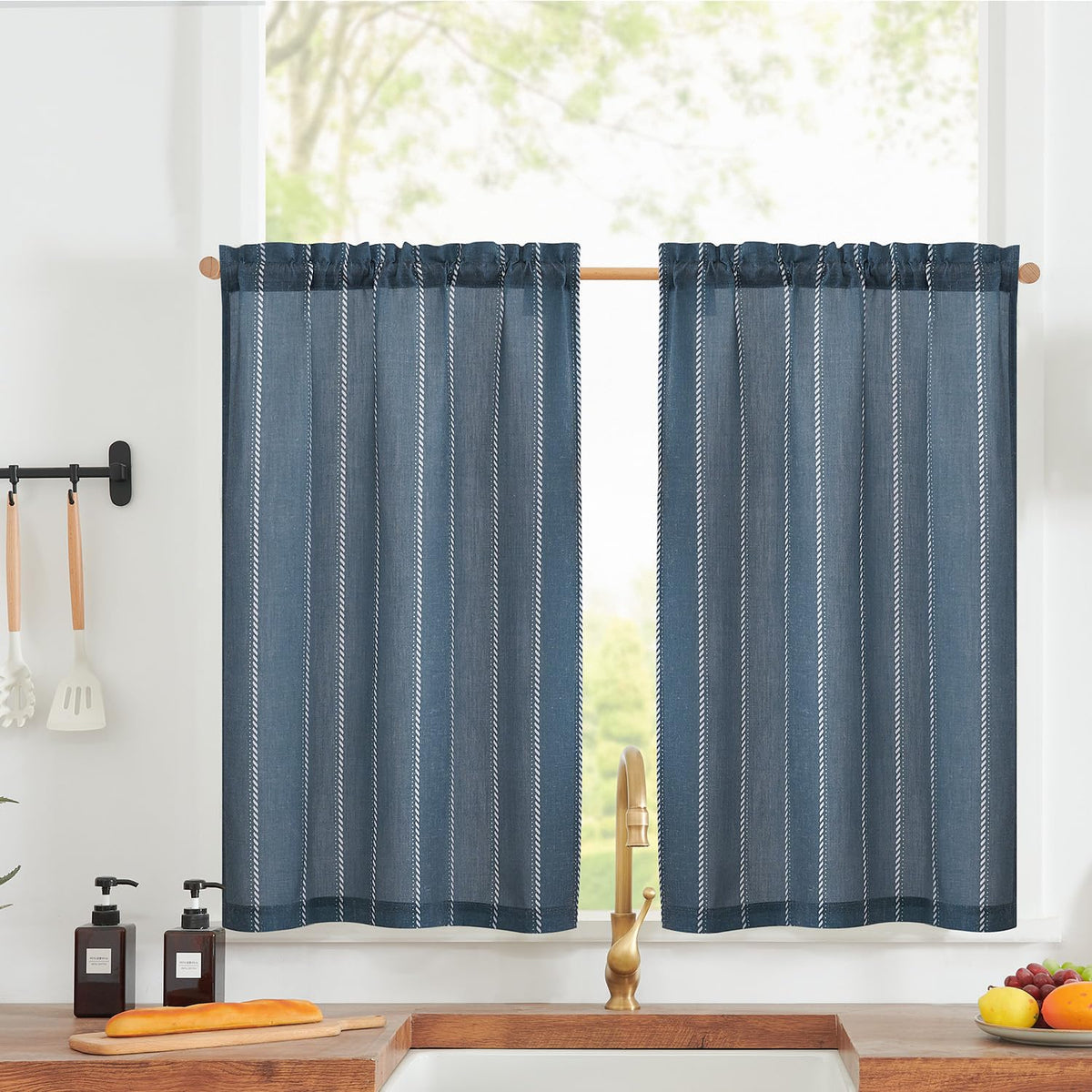 jinchan Linen Striped Tier Curtains for Kitchen Windows Farmhouse