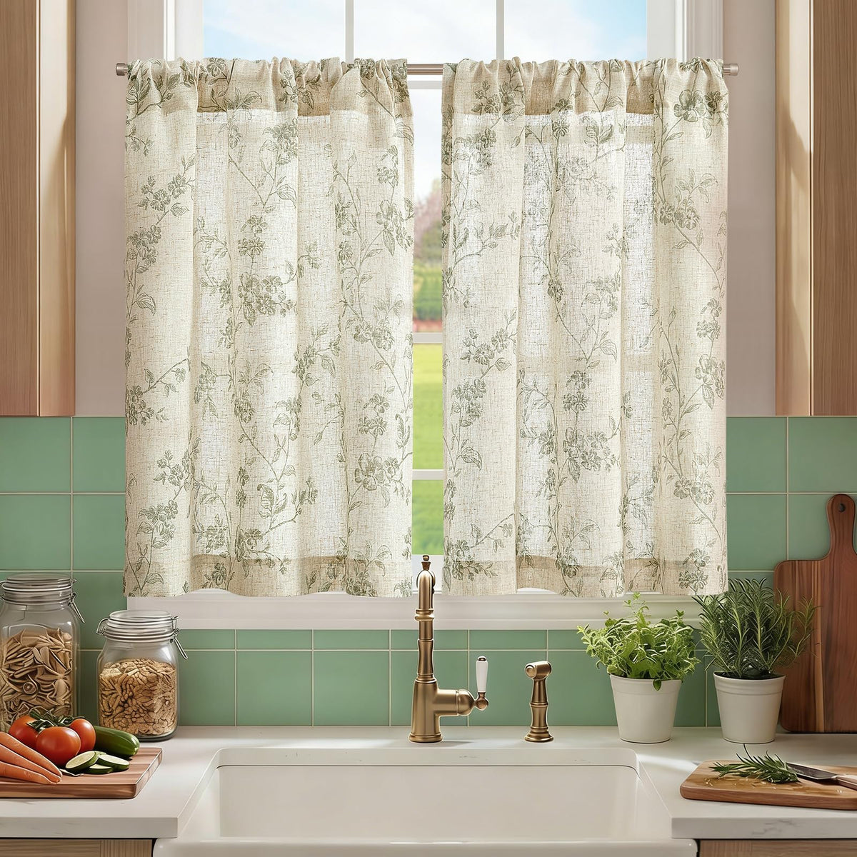 jinchan Floral Linen Kitchen Tier Curtains, 36 Inch, 2 Panels, Taupe