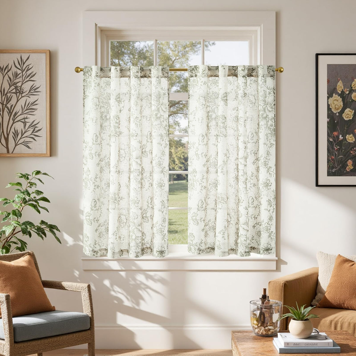 jinchan Hattie Floral Linen Kitchen Tier Curtains Beige 30 in 2 Panels