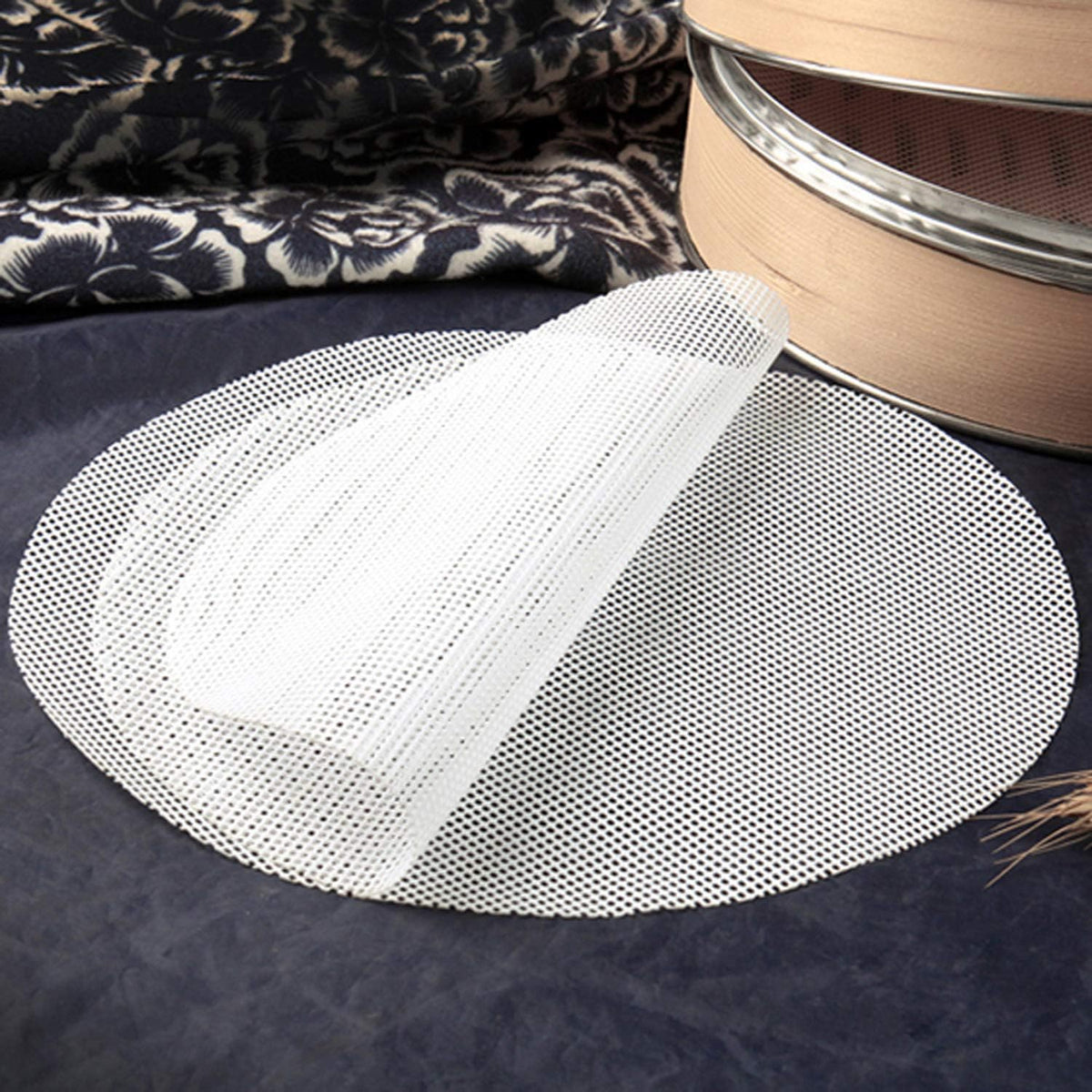 GUCUJI 8 Inch Silicone Bamboo Steamer Liners - Non-Stick, Reusable Steamer Mesh Mats for Steamed Buns, Dumplings, veggies, Dim Sum, Momo, Rice, and fish - Food Grade BPA Free (4Pcs)