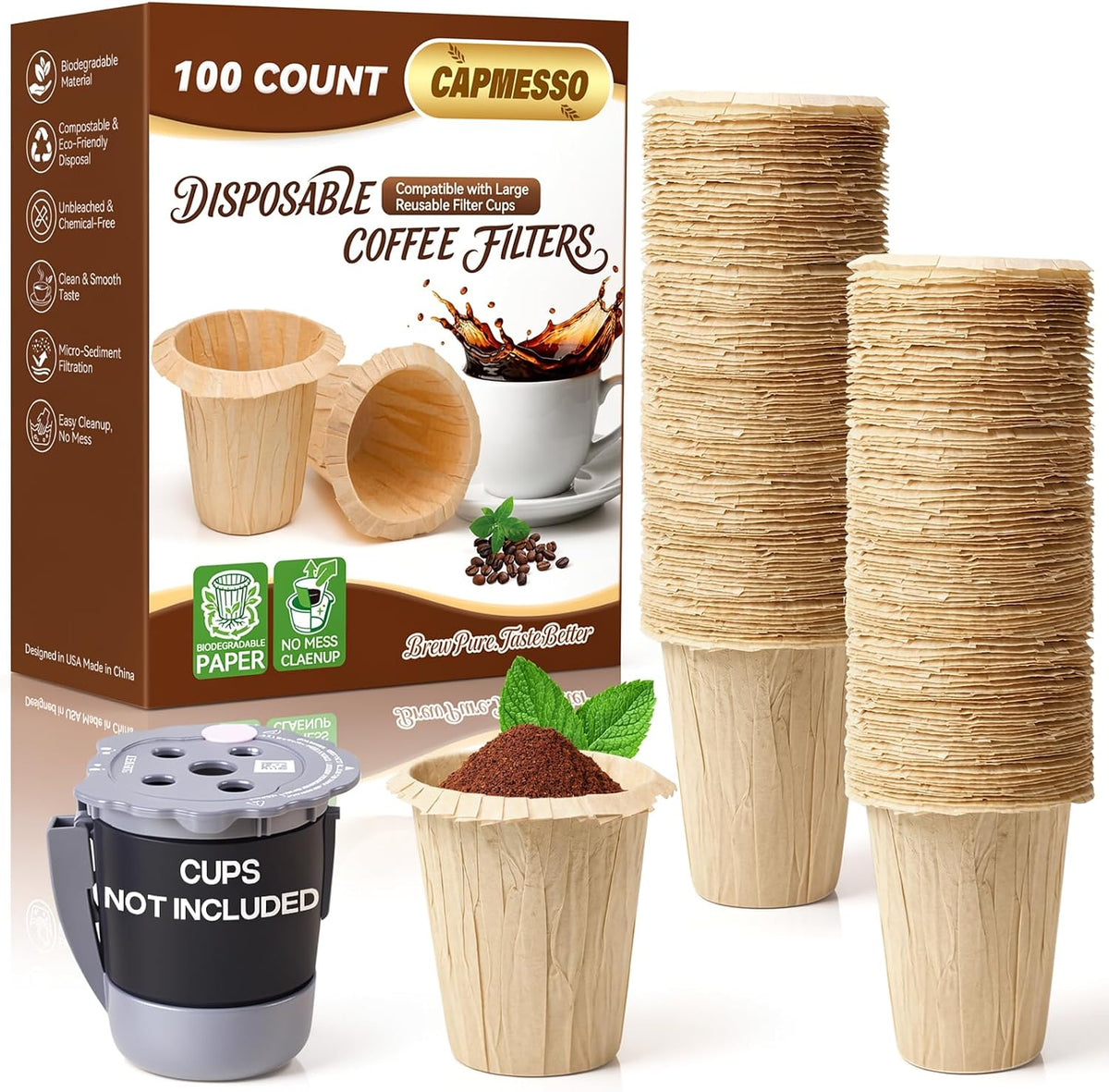 CAPMESSO Disposable Coffee Filters 2.1"H - for My K-Cup & Cuisinart SS-RFC
