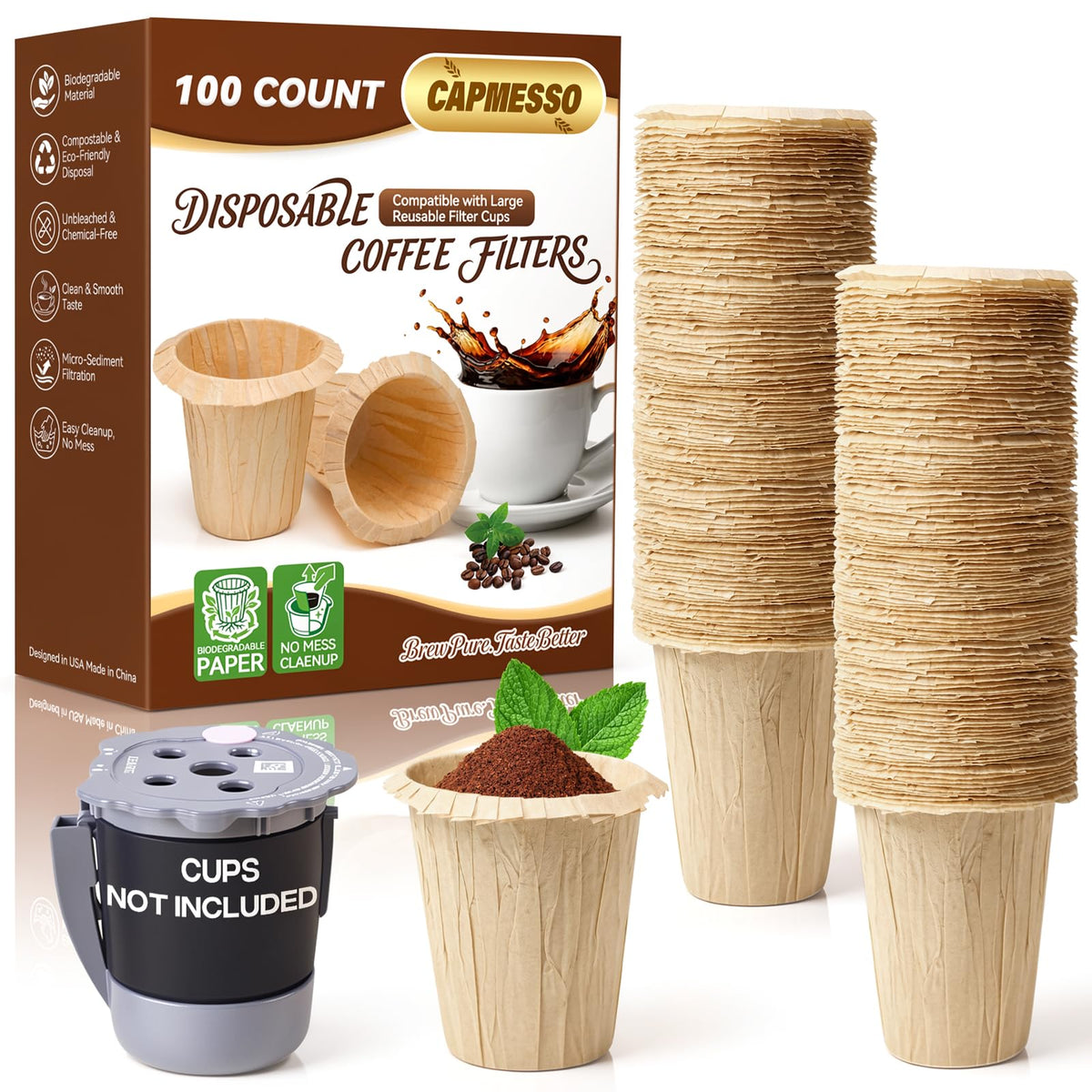 CAPMESSO Disposable Coffee Filters 2.1"H - for My K-Cup & Cuisinart SS-RFC