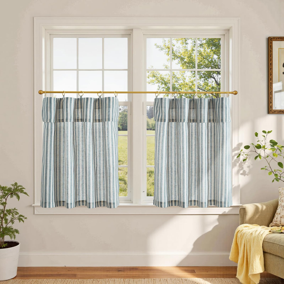 jinchan Striped Linen Kitchen Tier Curtains, 30 Inch, Sage Green, 2 Panels