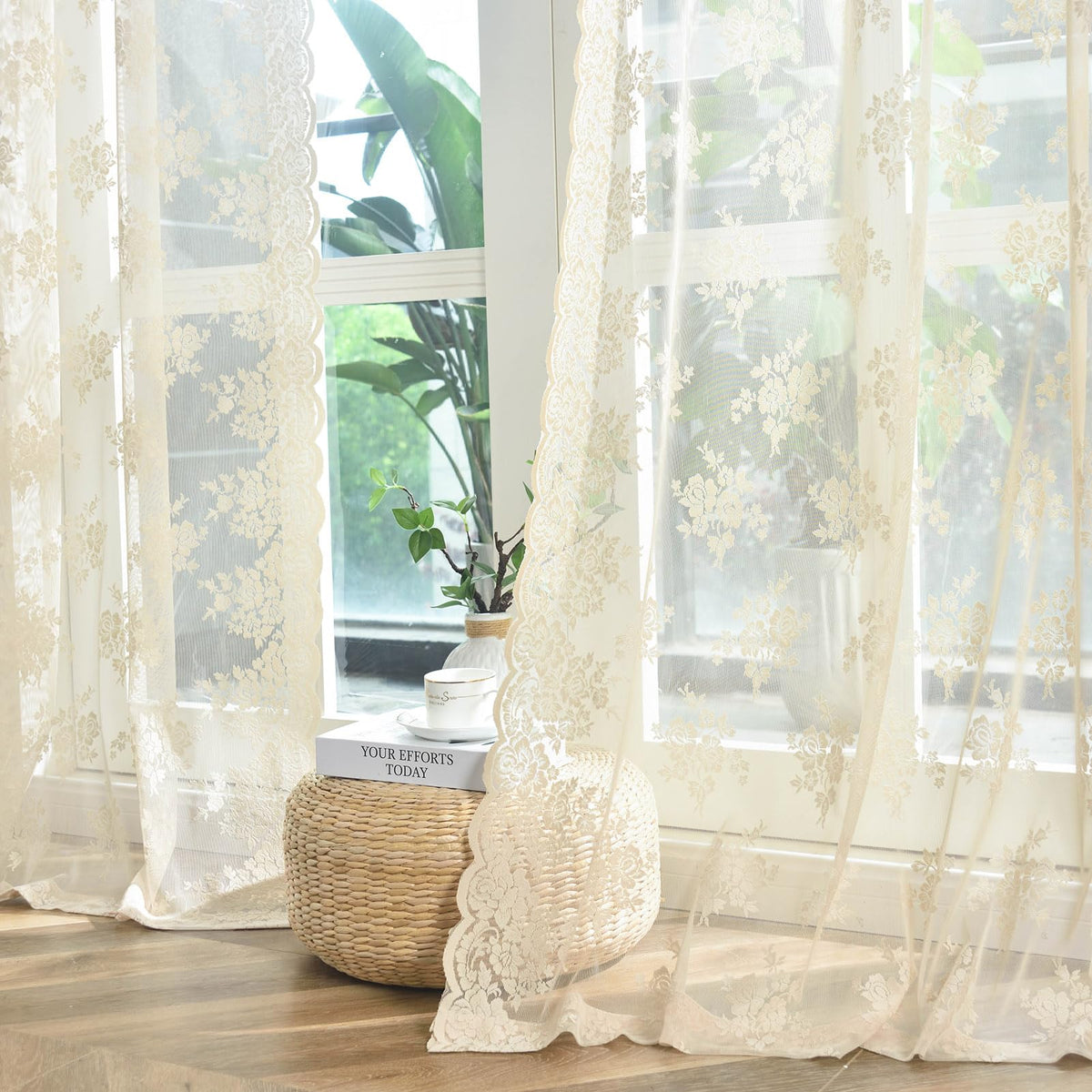 Kotile Short Beige Lace Curtains for Kitchen Windows W42xL45 Inch, 2 Panels