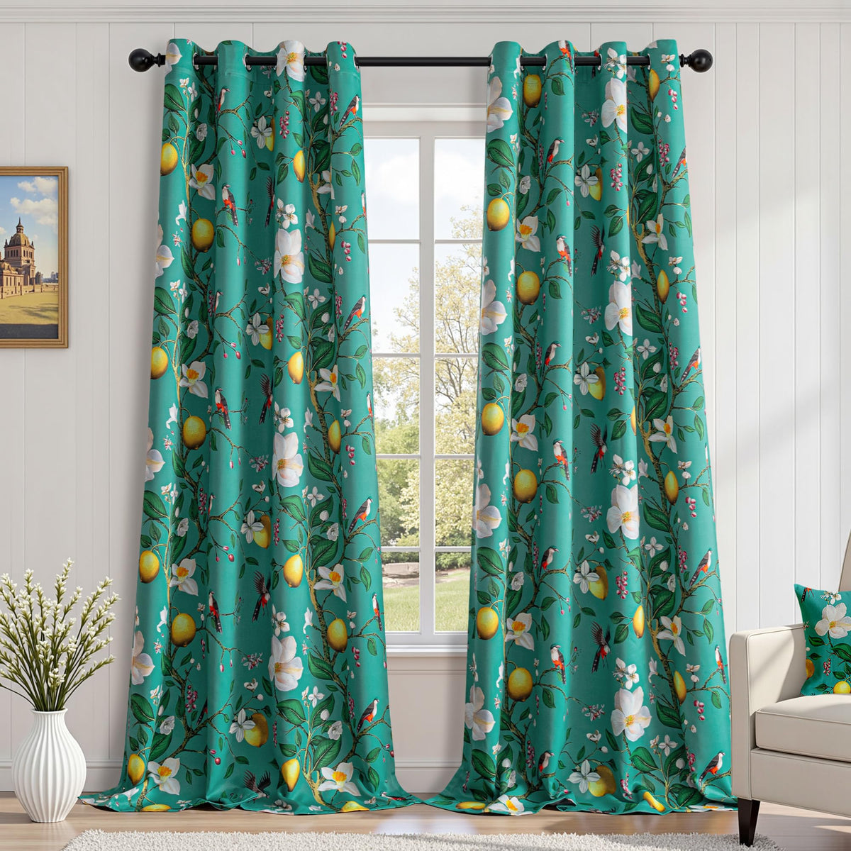 MYSKY HOME Floral Blackout Curtains 45 inch Length 2 Panels Yellow and Blue