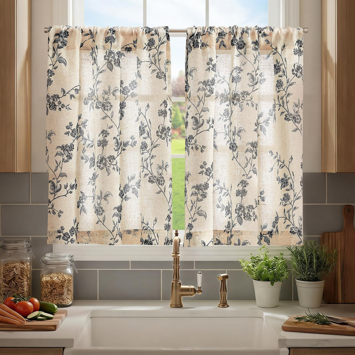 jinchan Floral Linen Kitchen Tier Curtains, 36 Inch, 2 Panels, Taupe
