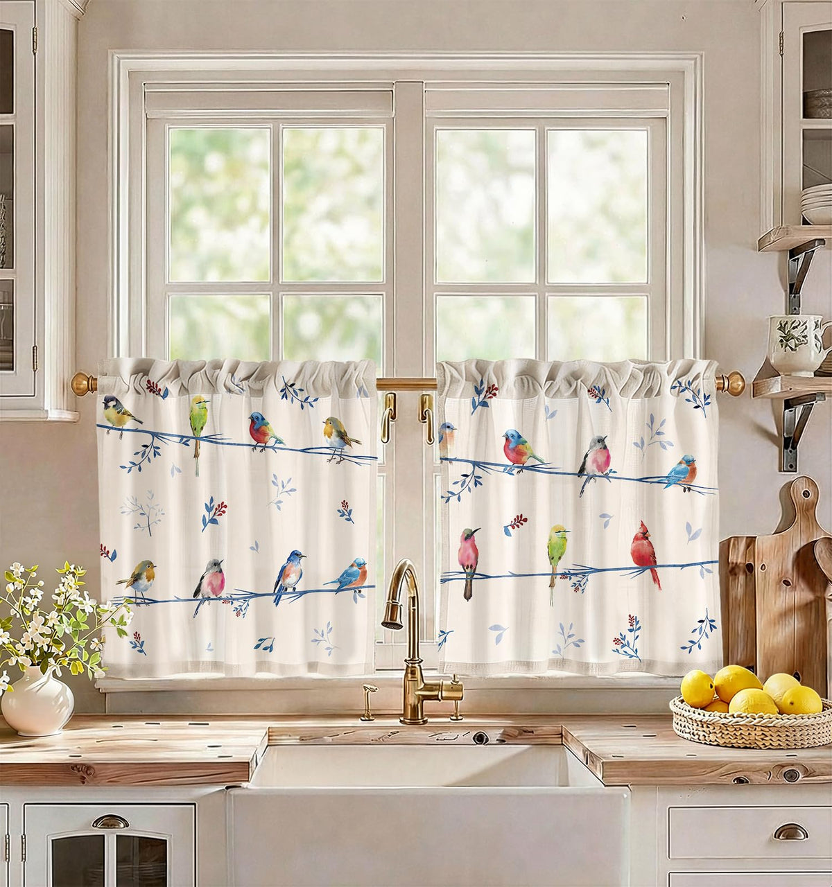 Miss Adola 36 Inch Length Kitchen Tier Curtains, Floral Cat