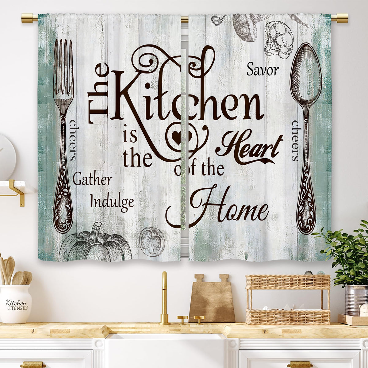 Teal Farmhouse Daisy Kitchen Curtains Wooden Flower Small Short Cafe Window Curtains Rustic Floral Butterfly Country Bathroom Drapes Treatment Tier Curtains 2 Panels (27.5x39 Inch)