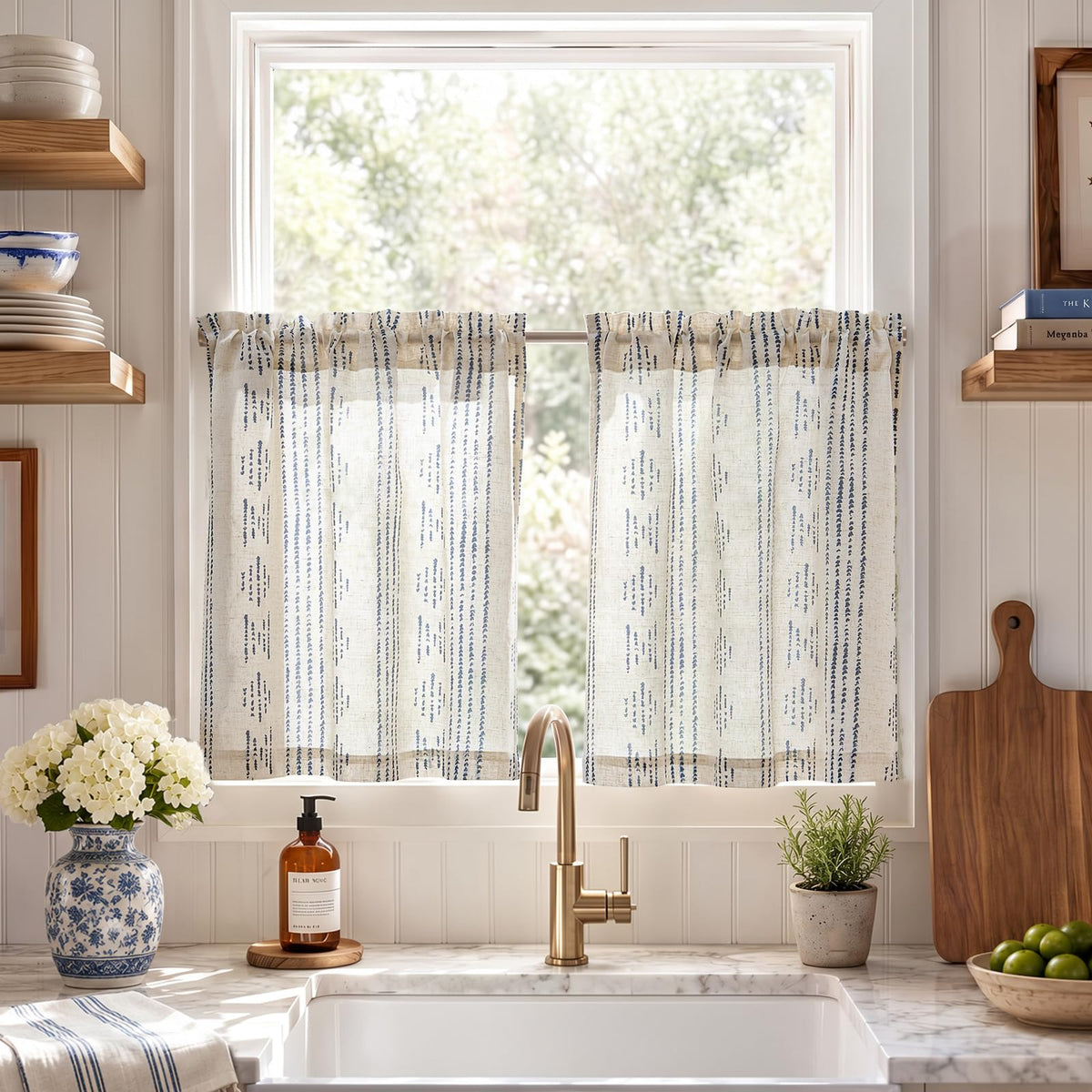 jinchan Linen Striped Tier Curtains for Kitchen Windows Farmhouse