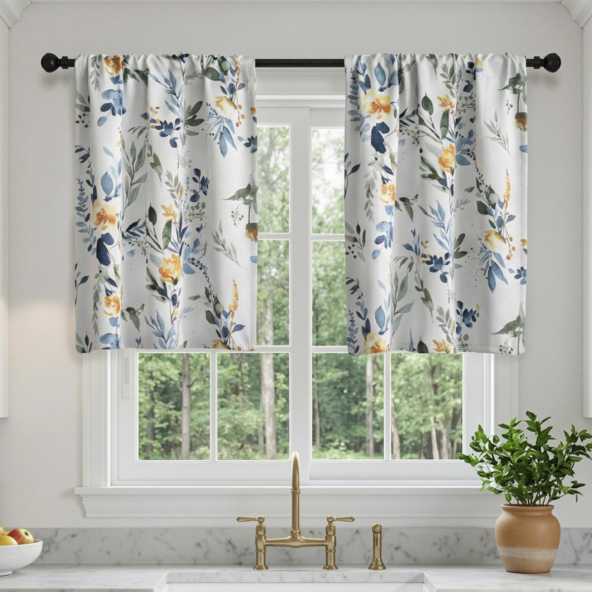 MYSKY HOME Floral Blackout Curtains 45 inch Length 2 Panels Yellow and Blue