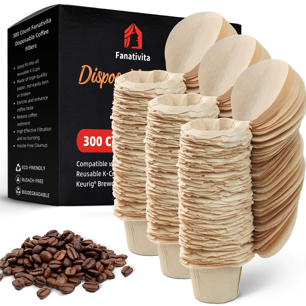 Fanativita 300ct K Cup Coffee Filters with Genius Lid, Unbleached