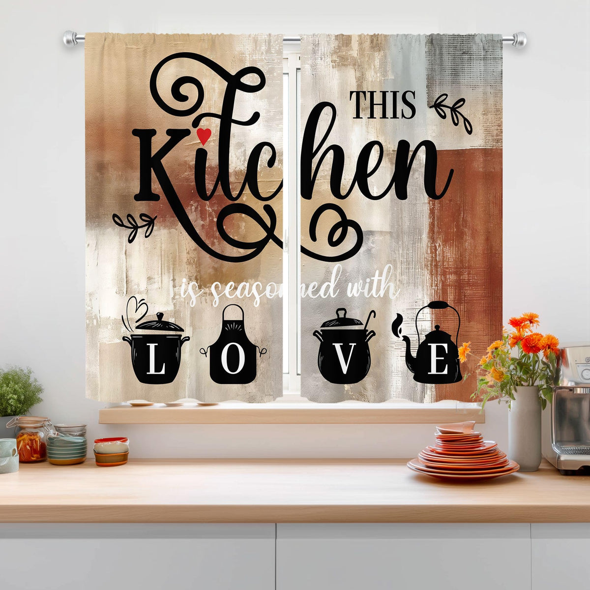 Abstract Burnt Orange Kitchen Curtains 27.5W x 39H Inch Vintage 2 Panels