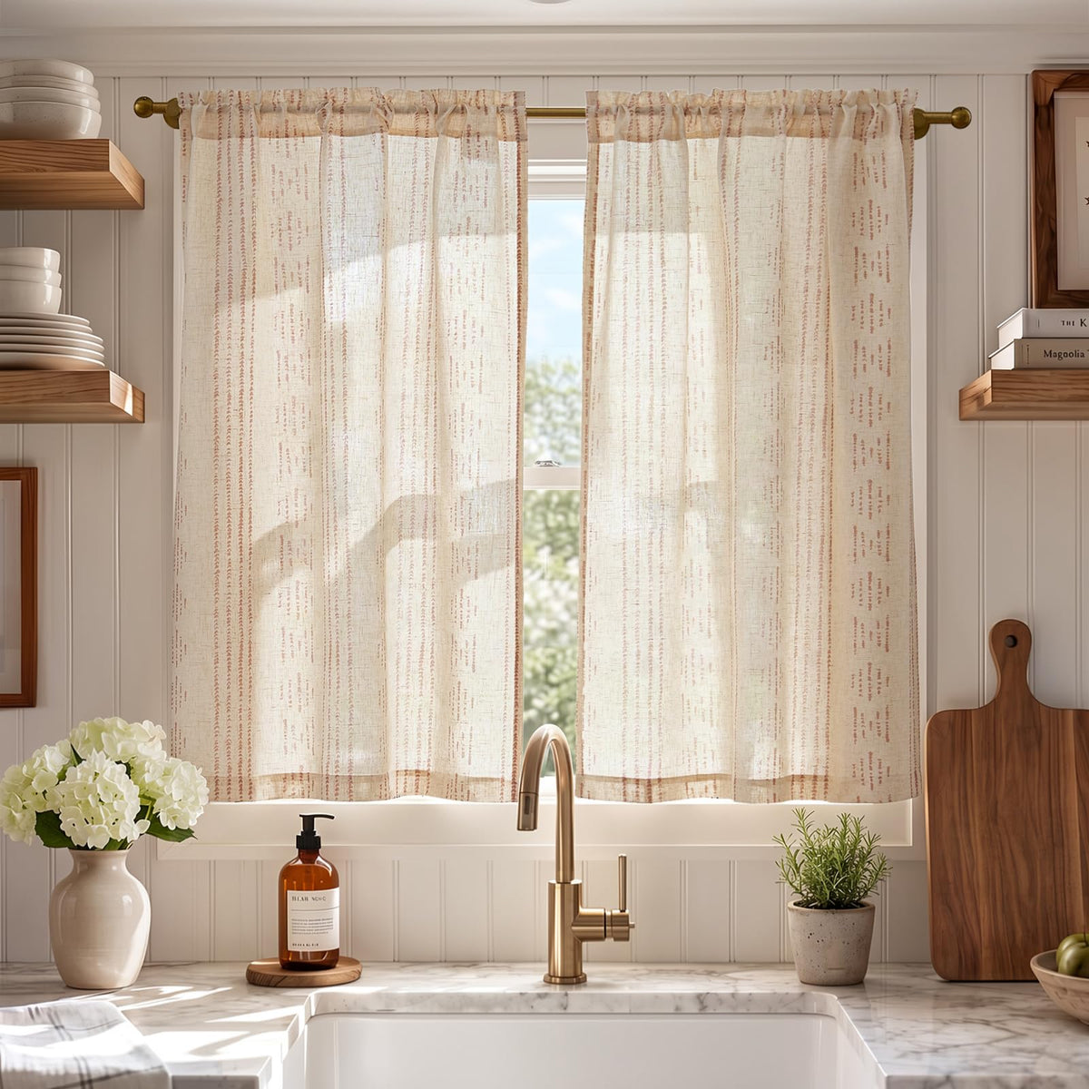 jinchan Linen Striped Tier Curtains for Kitchen Windows Farmhouse