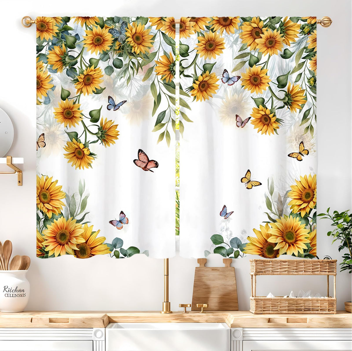 Yellow Sunflower Kitchen Curtains 42W X 63L Inch 2 Panels Rod Pocket Country Rustic Floral Flower Butterfly Farmhouse Over Sink Small Short Cafe Tier Window Treatment Bathroom Decor