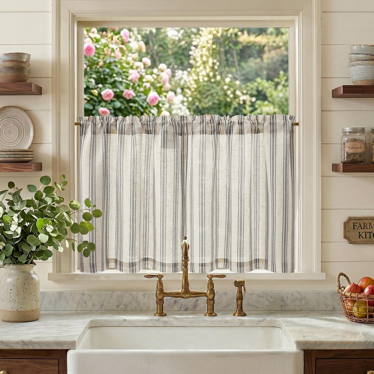 jinchan Linen Striped Tier Curtains for Kitchen Windows Farmhouse