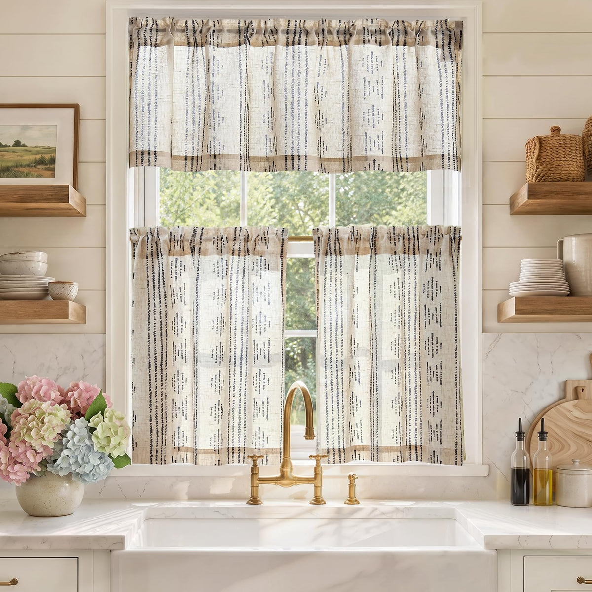 jinchan Sage Green Linen Kitchen Curtains and Valance Set Rod Pocket