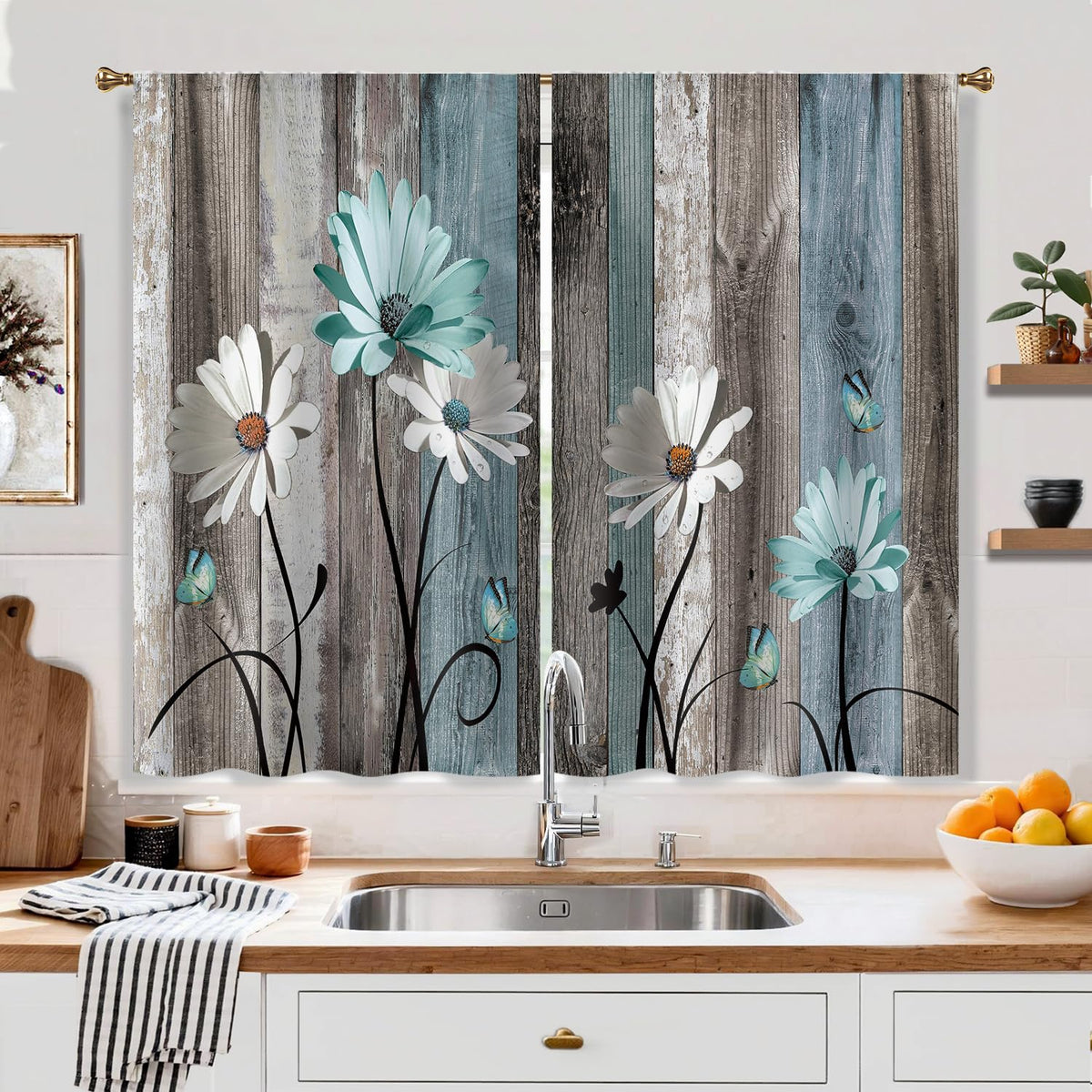Farmhouse Sunflower Kitchen Curtain Rustic Small Short Cafe Window Curtains Country Wooden Barn Inspirational Bathroom Window Drapes Treatment Tier Curtains 2 Panels (27.5x39 Inch)
