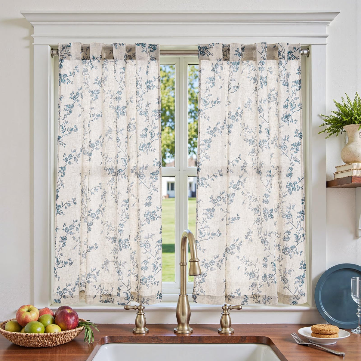 jinchan Floral Linen Kitchen Tier Curtains, 36 Inch, 2 Panels, Taupe
