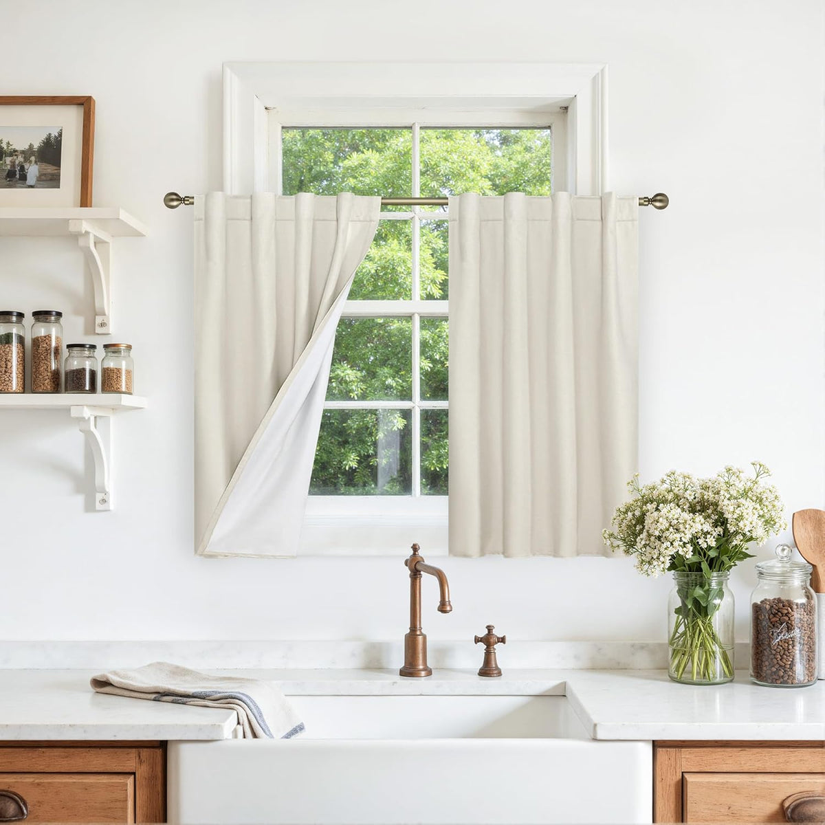 LAMIT Full Blackout Linen Kitchen Window Curtains 36 Inches Long, Ivory