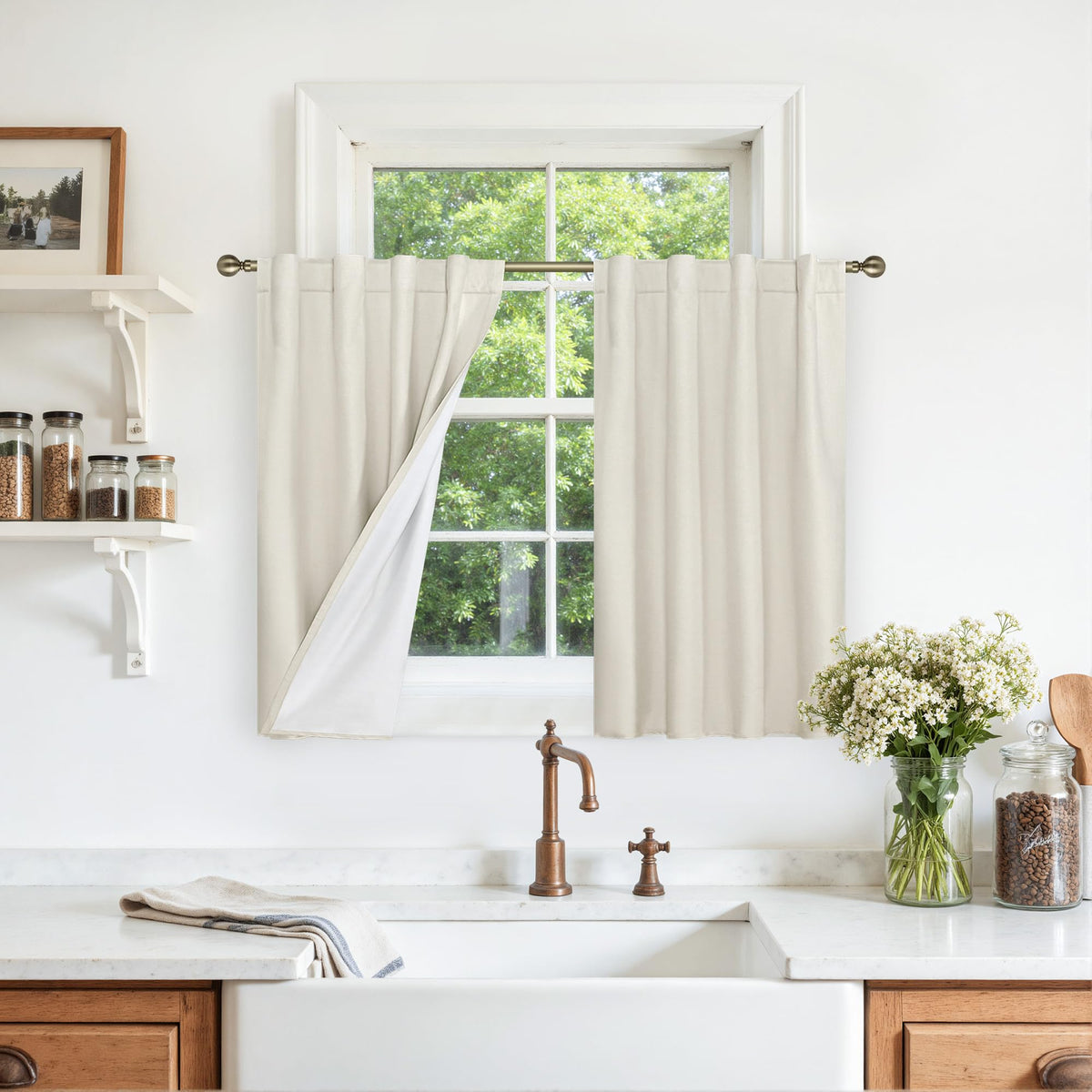 LAMIT Full Blackout Linen Kitchen Window Curtains 36 Inches Long, Ivory