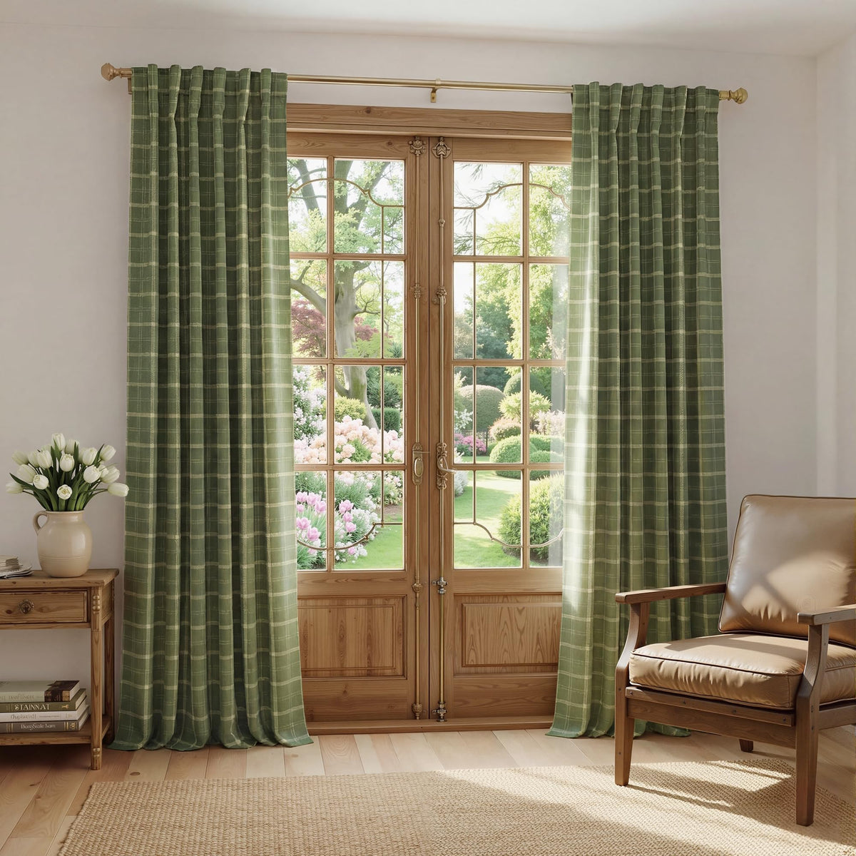 NICETOWN Olive Green Farmhouse Gingham Tiers Kitchen 100% Blackout Curtains